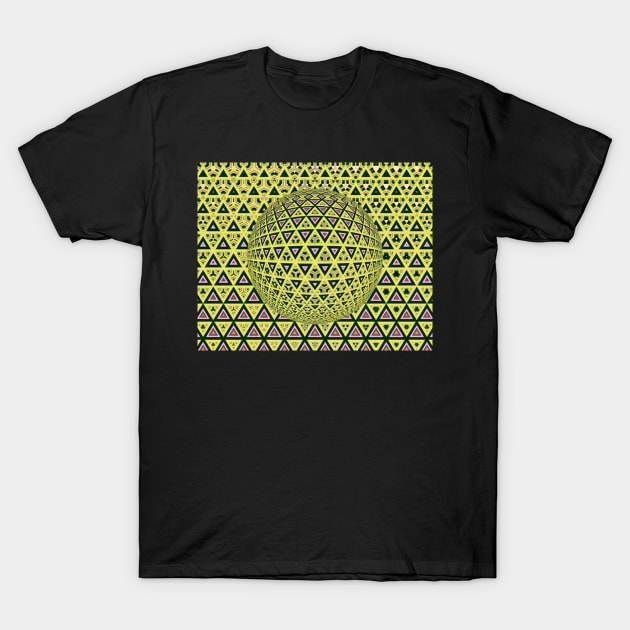 similar shaped mosaic tiles design over a 3D sphere in yellow and pink T-Shirt by mister-john
